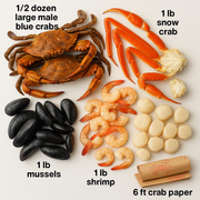 Assorted seafood items including crabs, snow crab legs, mussels, shrimp, and crab paper