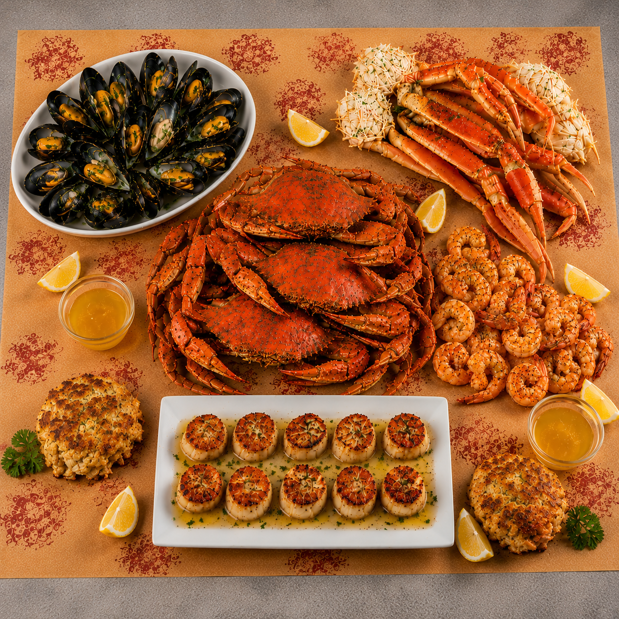 A seafood spread arranged on a patterned orange table mat, featuring cooked mussels, lobster legs, shrimp, scallops on a white platter, crab meat, two crouches, lemon wedges, and small cups of beer.