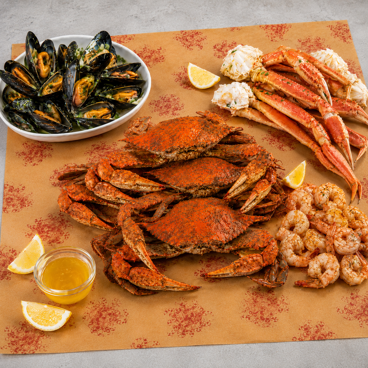 A seafood spread arranged on patterned brown paper, including cooked crabs, mussels in a white bowl, crab legs with butter, shrimp, lemon wedges, and a small glass of yellow sauce on a gray surface.