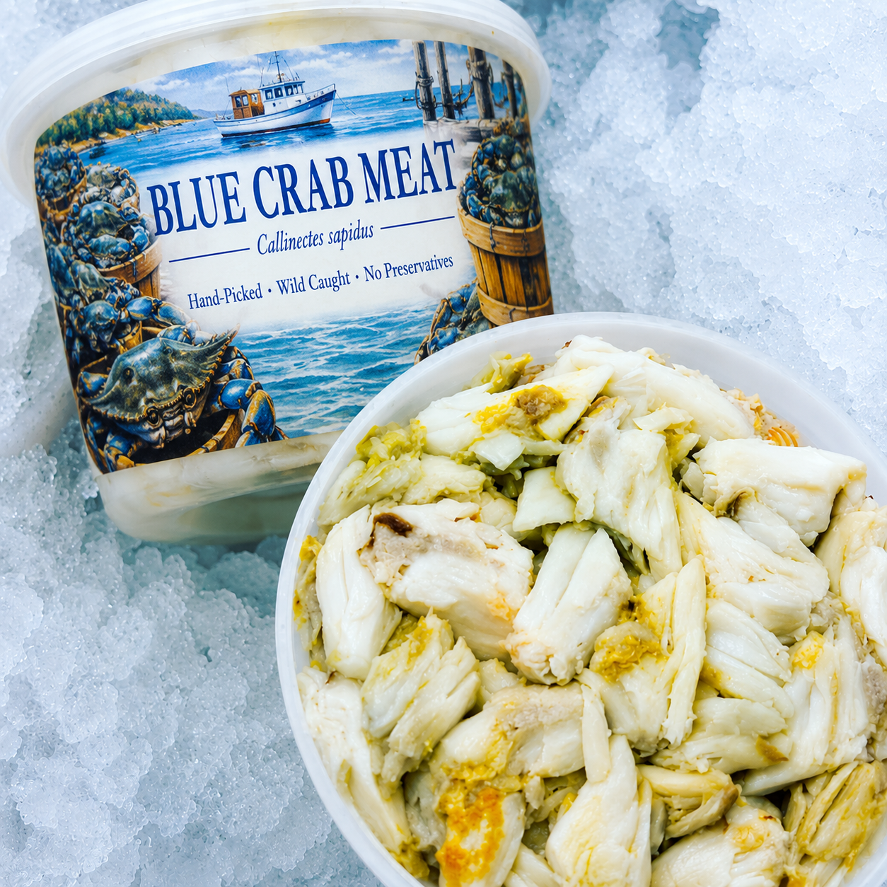 A tub of Blue Crab Meat next to a bowl of freshly handled white crab meat pieces on a bed of ice.