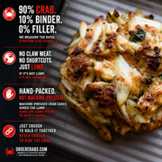 A close-up food photo of a baked crab cake on a dark grill or pan, with large text on the left explaining Order Crabs' crab filling ratio and handling claims. Because a real food product is shown prominently, this fits Lifestyle rather than Product/Packaging or Instruction Diagram.