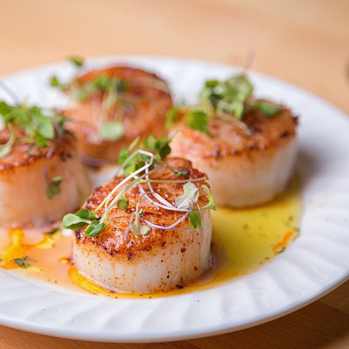 Pan Seared Scallops prepared on a plate in butter sauce. 